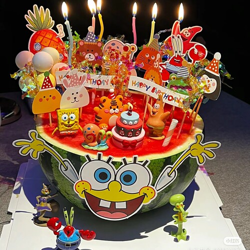 网红夏日水果西瓜蛋糕装饰饭团小动物生日快乐插件小熊羽丝插牌