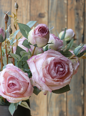 法式油画焦边仿真月季花玫瑰花假花复古客厅餐桌花装饰花插花紫色