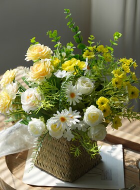 田园简约风仿真花束花篮摆件餐桌玄关大丽花小雏菊花艺居家摆设