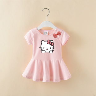 裙衫 女童童装 女宝宝纯棉短袖 新款 可爱猫咪印花T恤裙子 上衣裙夏季