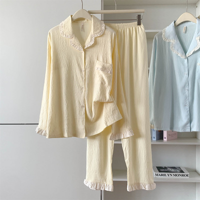 ins甜美荷叶边睡衣女春秋季2025年新款韩系长袖开衫家居服两件套