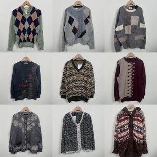 13古着vintage秋冬男女慵懒风条纹宽松撞色波普图案费尔岛毛衣