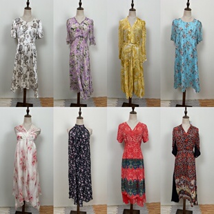 59古着vintage 桑蚕丝夏季休闲女士真丝宽松复古精致碎花连衣裙