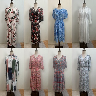 14古着vintage 桑蚕丝夏季休闲女士真丝宽松气质优雅碎花连衣裙