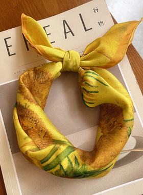 梵高油画向日葵斜纹小方巾丝巾装饰画黄色文艺范发带发箍小围巾女