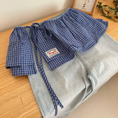 韩系格子屁帘高级感搭配牛仔裤 叠穿裙帘系绳下摆遮臀纱帘时尚 围帘