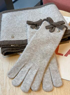 优雅蝴蝶结含羊毛针织保暖手套漏指触屏毛线手套秋冬防寒保暖女士