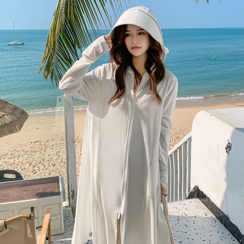 夏季新款宽松加长款防晒衣女UPF50+防紫外线户外沙滩遮阳服连帽檐