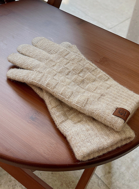 显高级棋盘格纯色加绒保暖手套秋冬女开车骑车骑行防寒针织毛线女