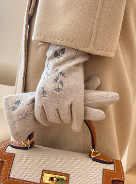 高档刺绣手套女秋冬季加绒加厚羊毛骑行保暖触屏防风开车骑电动车