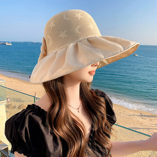 夏季新款折皱纯色网纱星月防晒遮阳帽女出游防紫外线太阳帽渔夫帽
