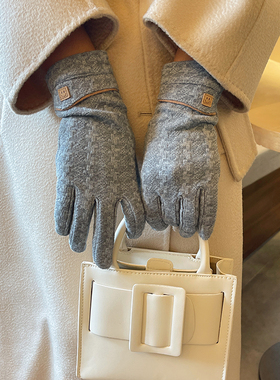 2025秋冬翻口法式气质千鸟格分指保暖手套显瘦紫色初冬灰色触屏女