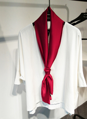 春秋公司年会活动纯色红色女士长条领巾素色窄丝巾装饰百搭小围巾