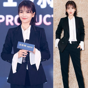 刘涛明星同款纯黑色西装外套女长裤西服套装修身显瘦办公室职业装