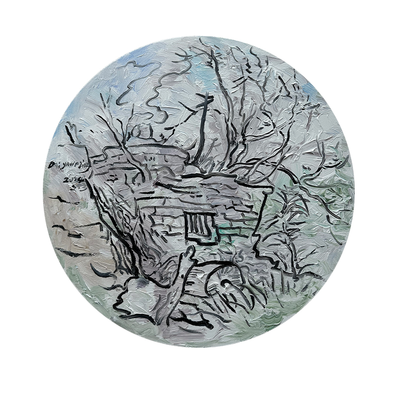 故乡印象太行山圆形玄关挂画好运桃花手绘油画客厅花卉肌理装饰画图片
