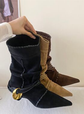 韩版复古尖头中跟堆靴女磨
