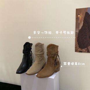 复古废土风流苏西部靴女鞋粗跟绑带堆堆靴小个子磨砂皮短靴中筒靴