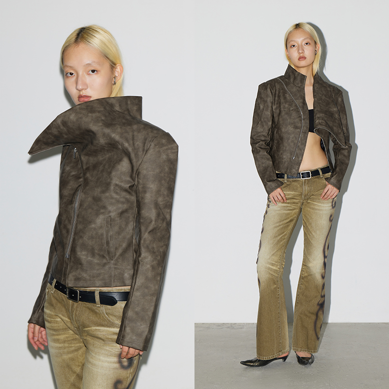 CONP 23AW Leather Jacket 复古洗褪堆领斜拉修身垫肩皮衣夹克