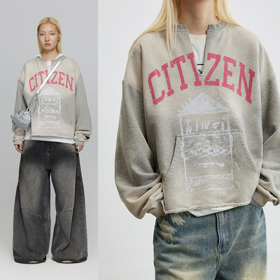 市民做旧加绒短款卫衣