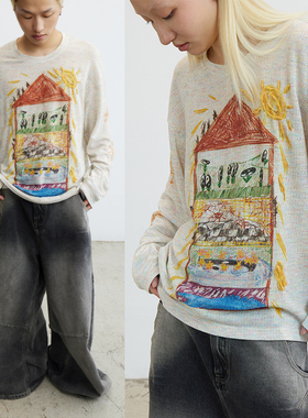 CONP 23SS Tai Ji House 彩铅涂鸦阳光房子宽松长T恤