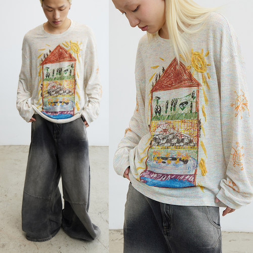 CONP彩铅涂鸦阳光房子宽松长T恤