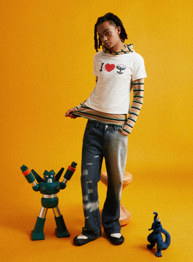 CONP 24SS 积木擦白微喇牛仔裤 独特不对称擦色个性直筒美式