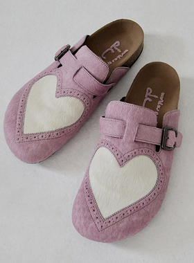 CONP 24SS 爱心长毛雕花包头鞋 暗粉色 复古真皮单鞋小众设计