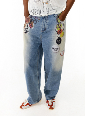 CONP 24AW 漂浮勋章印刷牛仔 美式复古做旧水洗长裤