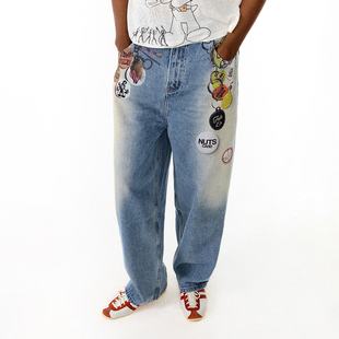 CONP 24AW 漂浮勋章印刷牛仔 美式复古做旧水洗长裤