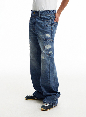 CONP 25SS 做旧破坏爪痕牛仔裤 水洗复古美式乞丐破洞裤子长裤