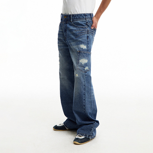 CONP 25SS 做旧破坏爪痕牛仔裤 水洗复古美式乞丐破洞裤子长裤