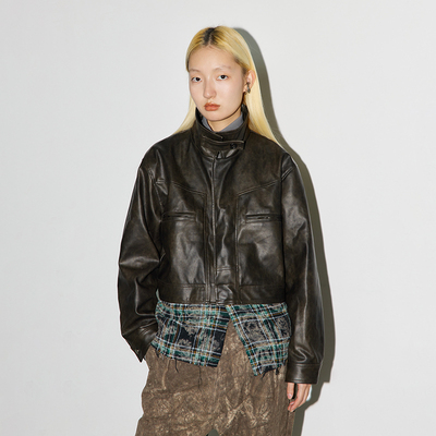 假两件拼接款CONP皮衣外套