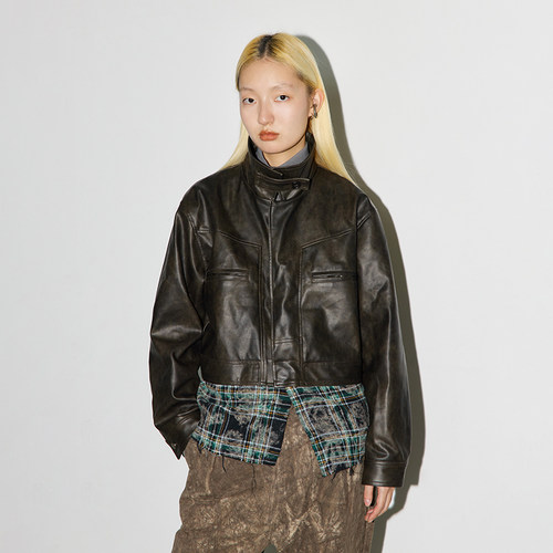 假两件拼接款CONP皮衣外套