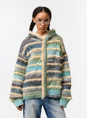 CONP 24AW ”渲染梯田“渐变条纹针织毛毛连帽外套 宽松慵懒毛衣