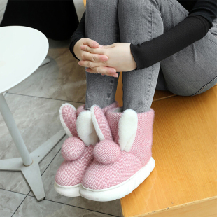 冬季保暖棉拖鞋女包跟卡通家居可爱室内韩版毛毛厚底月子高帮棉鞋