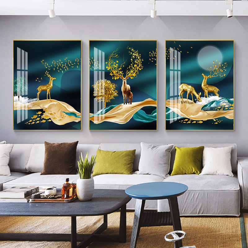 客厅装饰画晶瓷画大气沙发背景墙三联壁画现代轻奢简约镶钻挂画鹿