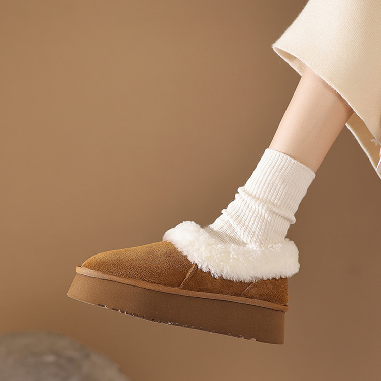 冬季厚底翻绒毛毛鞋保暖松糕底外穿雪地靴加绒加厚橡胶发泡底棉鞋