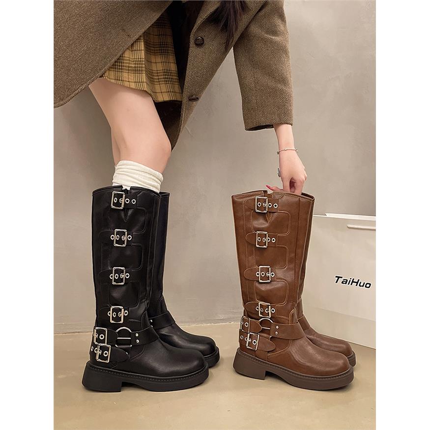 棕色厚底不过膝长筒靴女