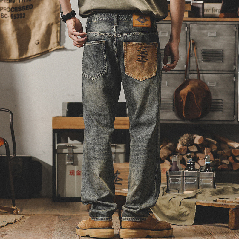 美式经典复古牛仔裤男宽松直筒黄泥染做旧裤子男春秋款潮牌
