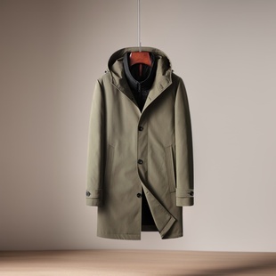 男式 脱卸羽绒服二件套中青年轻奢商务连帽保暖外套 风衣秋冬中长款