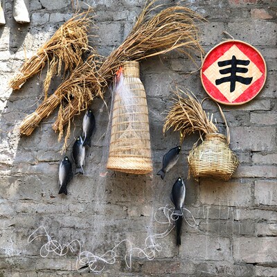 新农村景点复古风竹编渔具挂饰