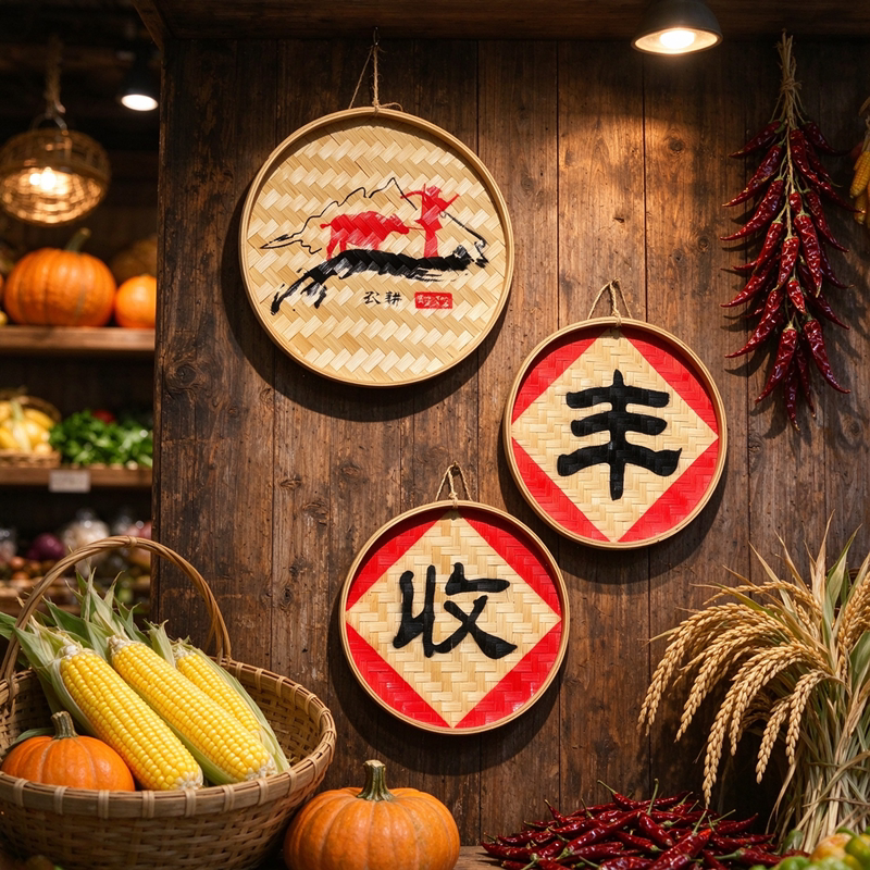 中式田园风竹编装饰农文旅景点环创火锅餐厅墙面挂饰丰收主题壁饰