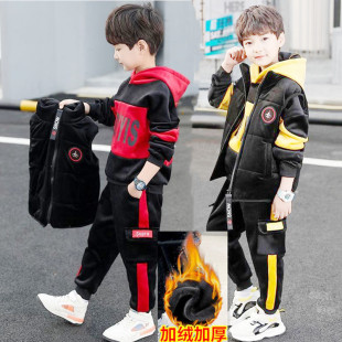 童装男童秋冬套装2025新款十岁男孩加绒加厚金丝绒马甲卫衣三件套