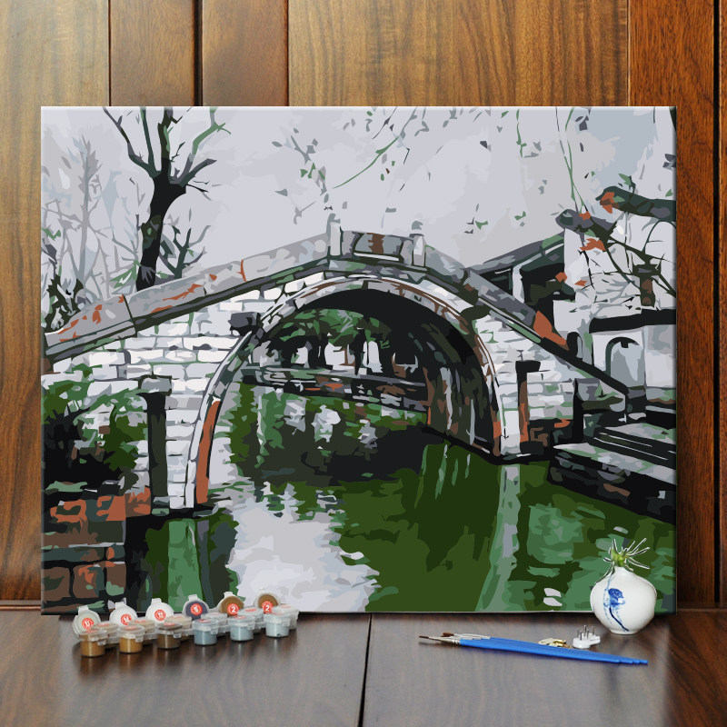 diy/数字油彩画古镇拱形桥手绘填色油画客厅卧室书房餐厅装饰挂画