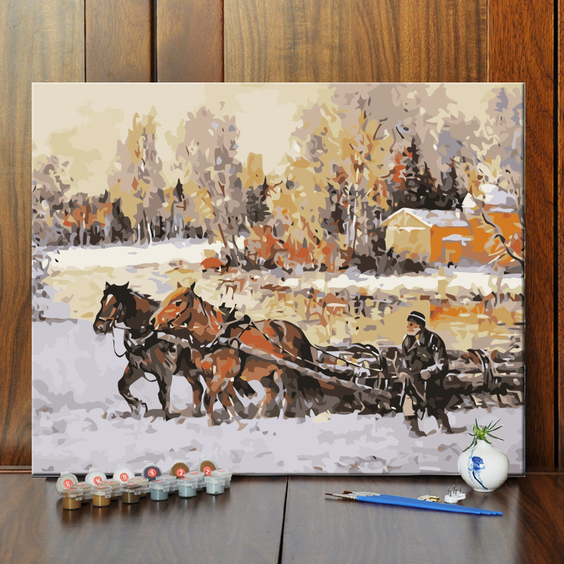 diy/数字油彩画手工手绘丙烯颜料减压油画欧洲风景马拉车装饰画