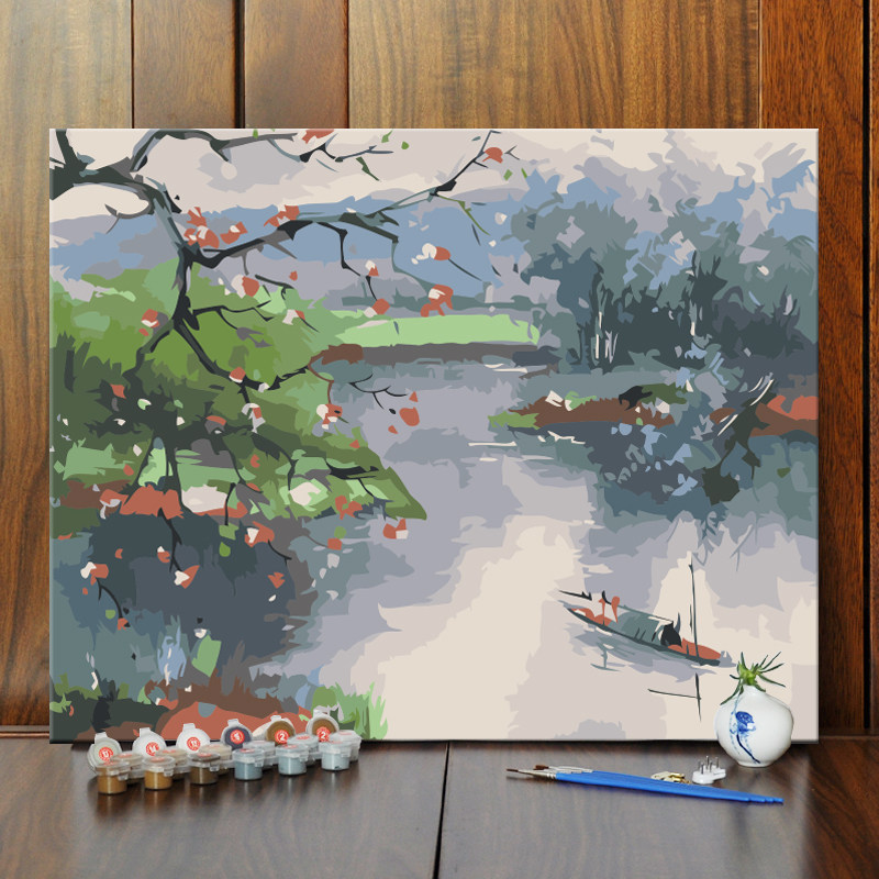 diy/数字油彩画江水风景手绘填色客厅卧室书房餐厅装饰画挂画包邮