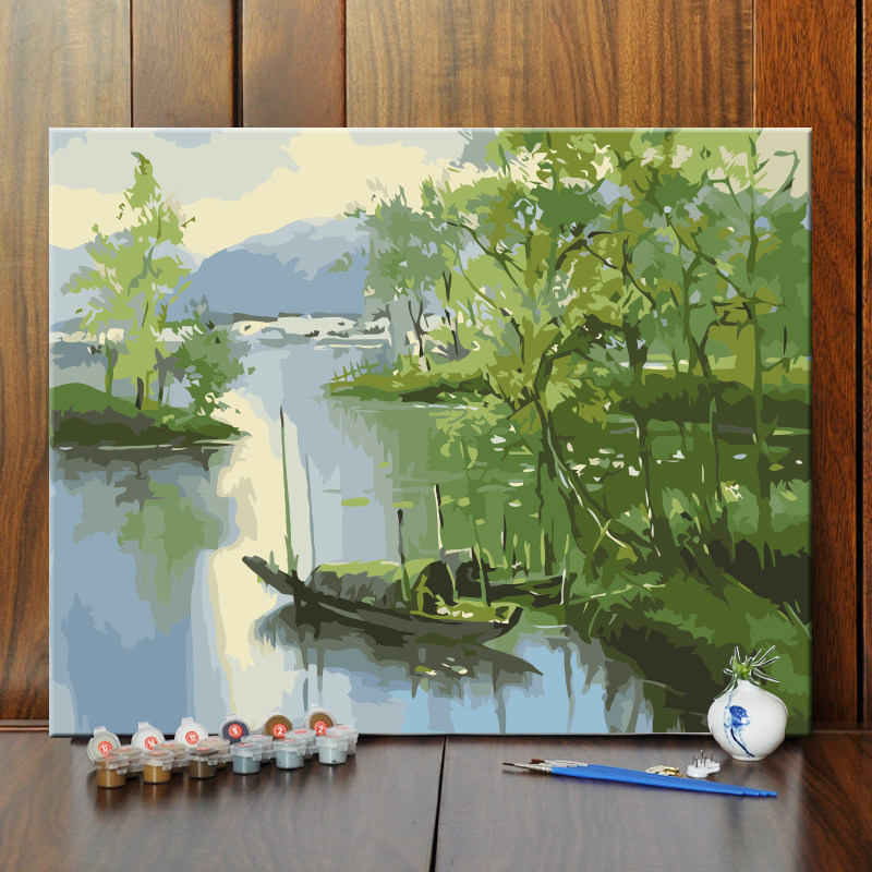 diy/数字油彩画江面小船风景手绘填色油画客厅卧室书房餐厅装饰画