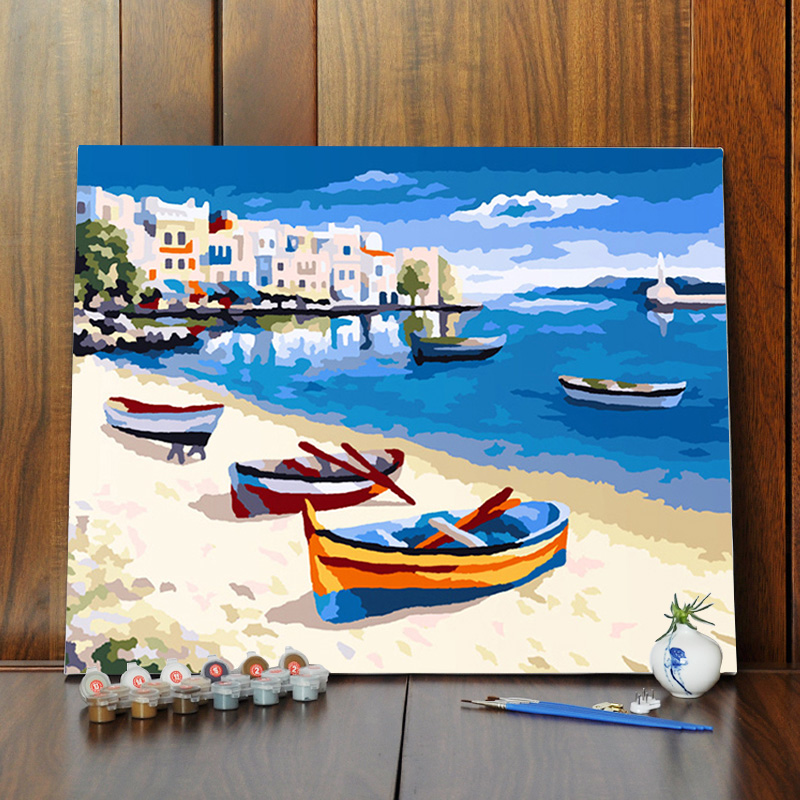 手绘填色大幅油画diy数字油彩画家居客厅卧室书房装饰画 夏日海滩