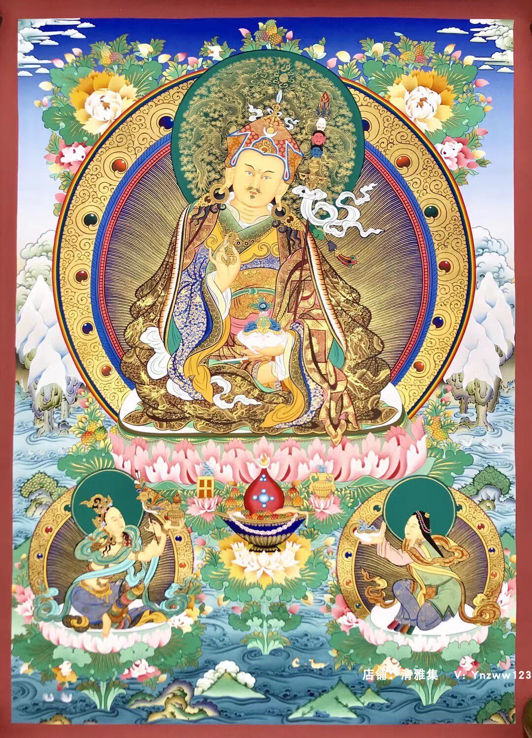 收藏级纯金莲花生大师尼泊尔纯手绘密宗手工唐卡挂画