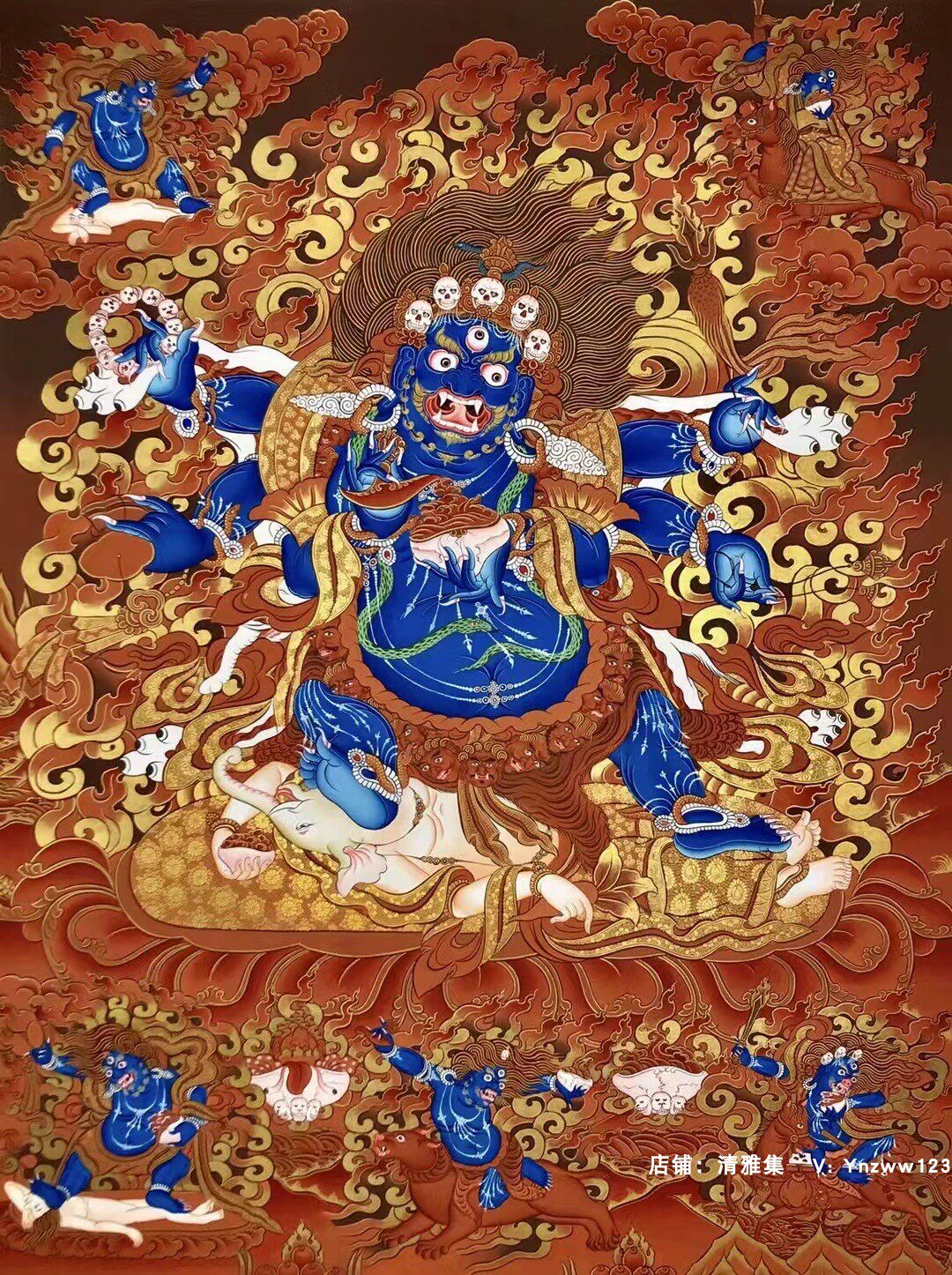 收藏级纯金红唐大黑天六臂玛哈嘎拉尼泊尔纯手绘藏族手工唐卡挂画